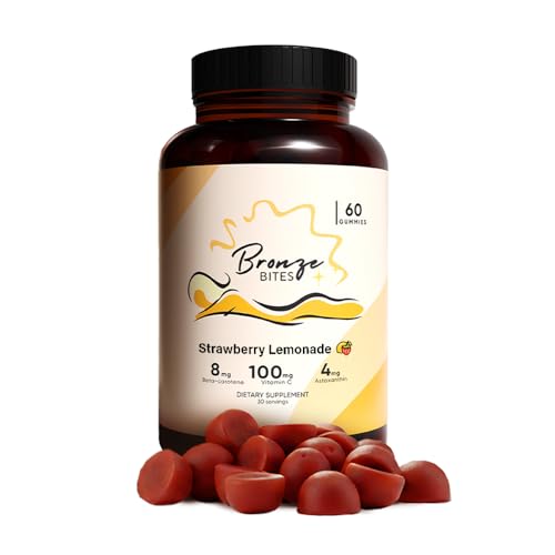 Bronze Bites Organic Tanning Gummies for Glowing Skin Astaxanthin & Beta-Carotene Complex for Supports Hydration Strawberry Lemonade 60 Count Made in USA