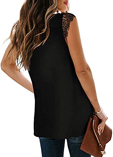 Poetsky Women's V Neck Lace Trim Tank Tops Sleeveless Shirt Blouse (L, Black) #TOP1