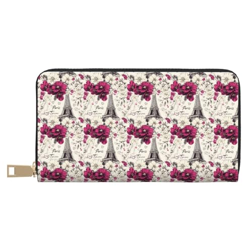 Bright Pink Flower Eiffel Tower Print Wallet Women, Leather Bifold Multi Card Wallet, Long Purse Women's Wallets