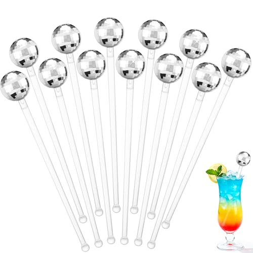 12 Pcs 8 Inch Silver Plastic Disco Ball Drink Stirrers