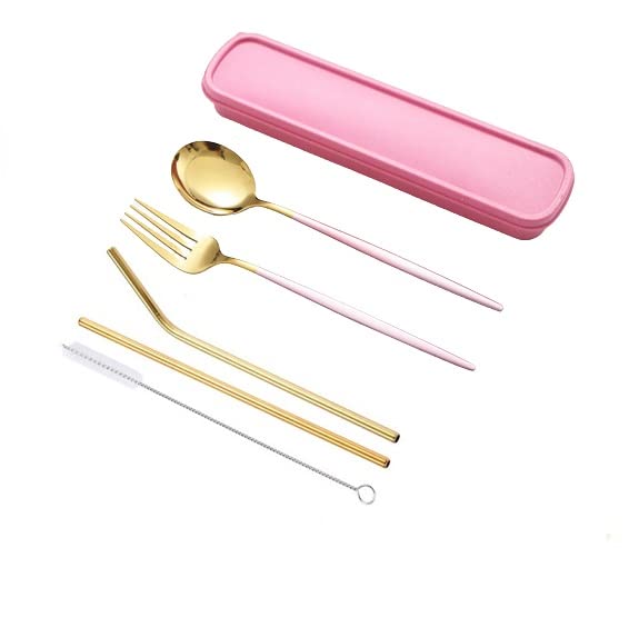 Tableware Set, Royal 5 Pieces Matte White Handle 18/10 Stainless Steel Tableware Sets Forks Spoons Hygiene Straws Wheat Straw Box, Travel Utensils Set Cutlery,Pink Gold
