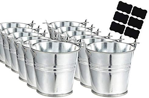 Large Galvanized Metal Buckets with Chalkboard Stickers - Snack Baskets, Party Favors, Party Accessories and Decorations, Succulent Planter -12 Pails with Stickers