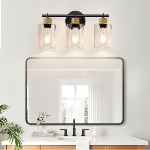 Image of MOKATNG Bathroom Light Fixtures, 3-Light Farmhouse Vanity Lights with Hemp Rope, Black Bathroom Wall Lamp for Mirror Kitchen Hallway Cabinet