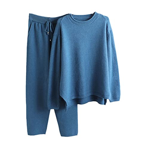 Survêtement tricoté femme ensemble 2 pièces bleu col en O pantalon ample hiver