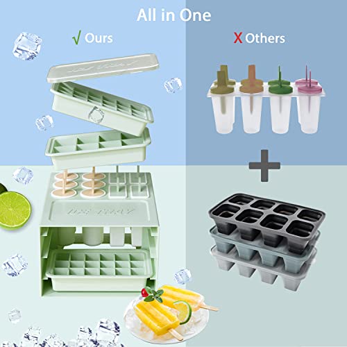 Hohaing Ice Cube Trays 3 Pack With Popsicles Molds 10 Pieces, Easy Release Silicone Ice Trays With Lid, Reusable Ice Pop Molds, Household Popsicles Molds For Freezer, Cocktail, Whiskey (Green) #TOP4