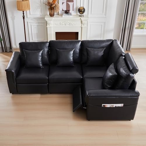 Image of RARZOE Faux Leather Sectional Sofa with Power Recliner, L Shaped PU Leather Reclining Couch with Headrest, 4 Seater Oversized Modular Reclining Couches for Living Room, Black