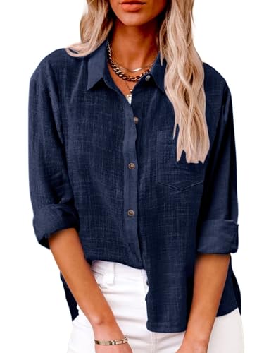 Blouse col en V boutonnée en coton et lin pour femme active