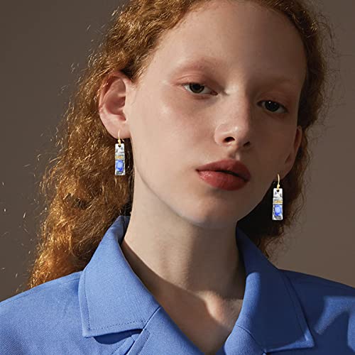 Unique Handmade Bohemian Enamel Vintage Matt Silver Bar Dangle Earrings Chic Round Blue Gemstone Geometric Square Drop Earrings for Women Statement Jewelry (Silver)4
