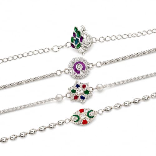 Image of Chocoloony Set of 4 German Silver Rakhi for Brother | Rakhi For Bhai | Raksha Bandhan Rakhi Set | Designer Silver Plated Rakhi Combo