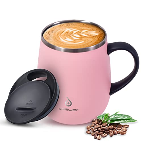 Image of Ideus Coffee Mug 470ml (16oz), Double Wall Vacuum Insulated Stainless Steel Coffee & Tea Cup w/Non-Slip Handle & Slider Module Lid & Large Volume (Sakura)