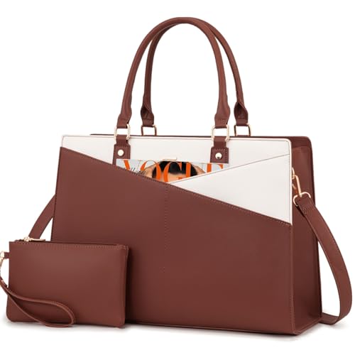 Image of LOVEVOOK Laptop Tote Bag for Women, Leather Business Office Work Bag Computer Briefcase with Small Clutch fit for 15.6 Inch Laptop,Brown-Beige