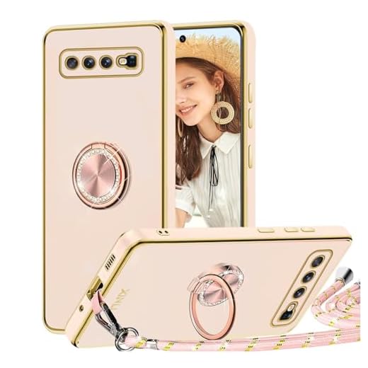 TVVTPU Handyband für Samsung Galaxy S10 Plus Hülle mit Band, Handyhülle mit Ring Ständer Stoßfeste Kratzfest TPU Bumper Outdoor Schutzhülle Case mit Kordel zum Umhängen (Abnehmbar), Rosa