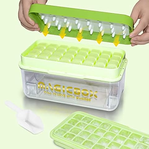 Ice Cube Tray with Lid, Food-Grade Ice Cube Moulds, Release All Ice Cubes in One Second, BPA-Free, 64 Ice Cube Tray (Green) Cover