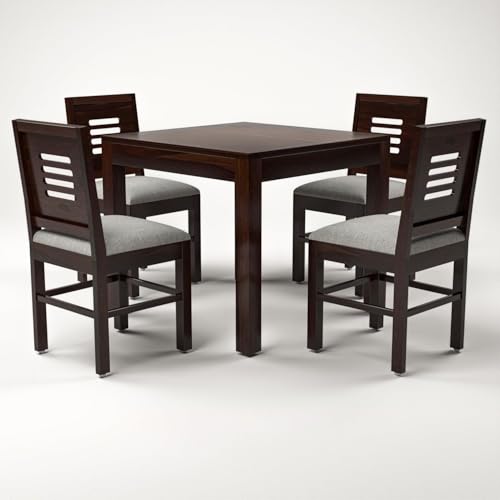 Image of CRAFT D ARTS Wooden 4 Seater Dining Table Set with 4 Cream Cushioned Chairs for Kitchen & Restaurants, Sheesham Wood, Walnut Finish