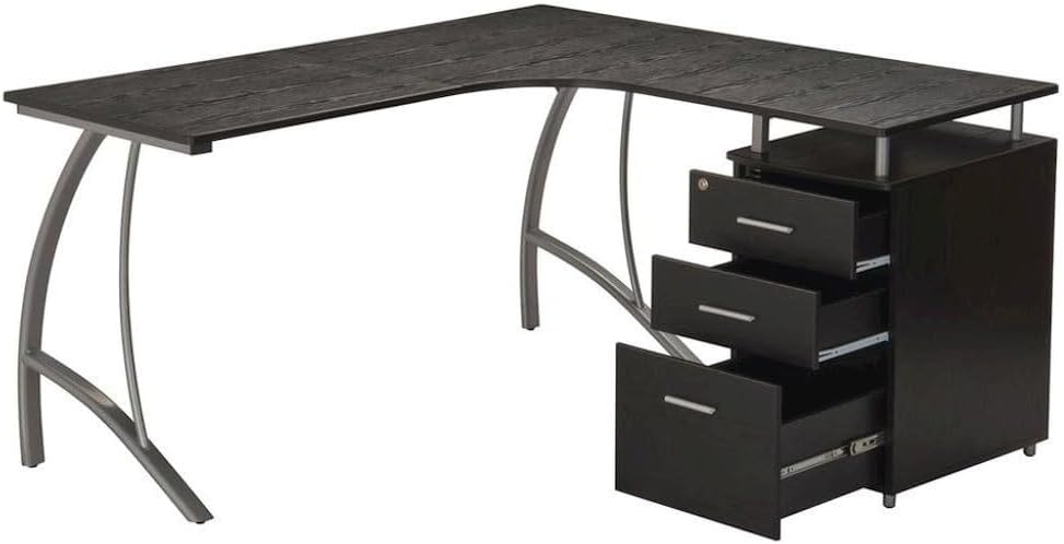 Brown Espresso L Shaped Desk with 3 Drawers, Corner Computer Workstation with Steel Frame and Reversible Layout for Home Office