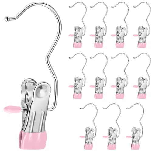 洗濯バサミ モノクリップ 洗濯ピンチ ハンガー 濯ばさみ 強力 ステンレス製 滑り止め 跡がない 防風 多機能 接続バックル付 部屋干し/物干し/室外干し 洗濯用品 (12PCS)(ピンク)
