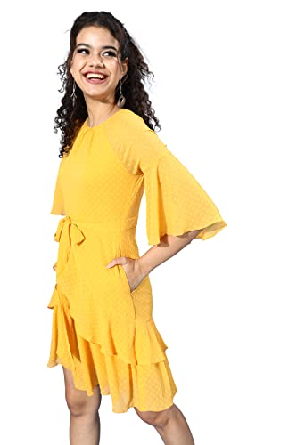 Image of Miss Chase Women's Round Neck Ruffled Sleeve Solid Ruffled Midi Dress
