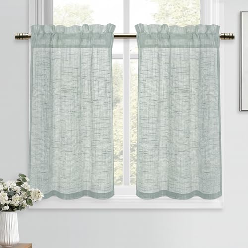 DWCN Rideaux Voilage Court Cuisine Gris-Vert 90 x 60 cm (H x l) Rideau Brise-Bise Intérieurs Translucides Style Lin Moderne pour Evier Placard Fenetre Chambre...