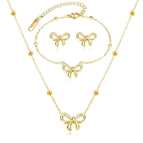 YANCHUN Bow Necklace Earrings Bracelet Gold Jewelry Set Trendy Bowknot Ribbon Choker Necklace for Women Bow Stuff for Birthday Gifts