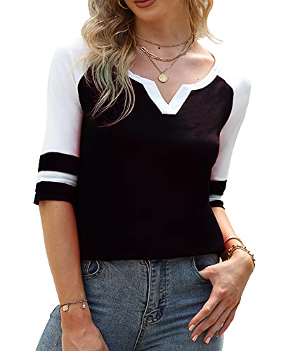 LIOFOER Women s 3 4 Sleeve T-Shirt V Neck Color Block Tops Loose Casual Blouse Black