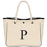 2 Innentaschen Monogramm Name Canvas Tote Schultertasche, Wei� (Buchstabe P), Medium