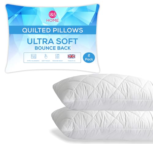 I&S Home Pillows 2 Pack Hotel Quality Soft Support Bed Pillows - Quilted Premium Microfiber Cover, Bounce Back & Extra Filling – Perfect Pillows for Side & Back Sleepers | 50x75 cm (2 Pack)