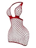 SweatyRocks Women's Fishnet Lingerie Dress Open Back Sleeveless Babydoll Lingerie Red One-Size