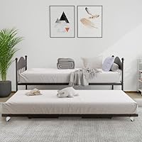 Twin Daybed with Trundle, Twin Bed Frame with Sturdy Metal Foldable Trundle, Sofa Bed with Stylish Headboard for Living Room, Bedroom and Guest Room