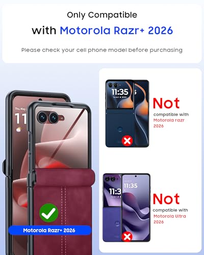 Image of for Motorola Razr+ Plus 2026 Case /Razr+ Plus 2025 Case with Hinge Protection & Built-in Outer Screen Protector, PU Leather Matte PC Shockproof Cover, Ultra Slim Case for Razr+ 2026 /2025-Red