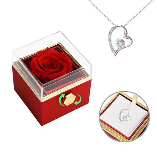 CRAYALIU Caixa giratória de rosa vermelha eterna - um colar delicado embutido, caixa giratória combinada com qualquer outra joia, para mãe, namorada, esposa, dia dos namorados, aniversários e