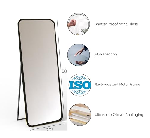 Image of Gharaana Mile Metal Floor Rectangular Mirror with Stand for Living Room, Full-Length Mirror for Bedroom | Standing Mirror | Glam Gold (58x23x12) (Black)
