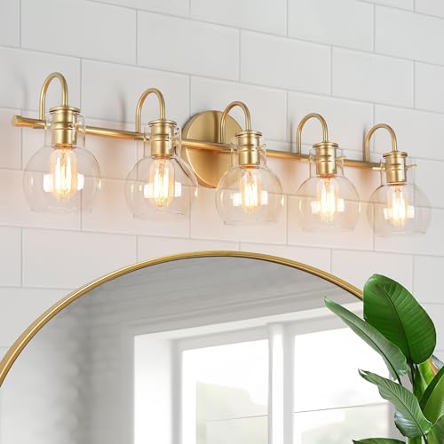 Image of KSANA Bathroom Vanity Light, 5-Light Large Gold Wall Light Fixtures, Modern Vanity Lights Over Mirror with Globe Clear Glass Shades