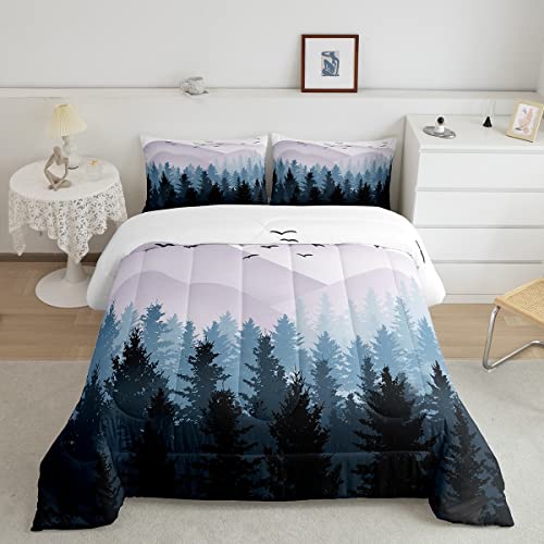 Feelyou Kids Nature Comforter Blue White Tree Mountain Comforter Set Twin Size for Women Men Natural WoodlDecor Bedding Set Wild Comforter with 1 Pillow Case Boys