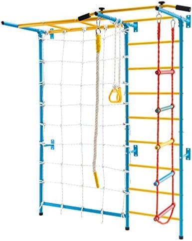 Costzon 7 in 1 Climbing Toys for Toddlers, Indoor Kids Gym for Exercise, Steel Ladder Wall Set with Wall Ladder, Pull-up Bar, Rope, Gymnastic Rings, Solid Wall Set up, Climber Ladder Boys Girls Gift