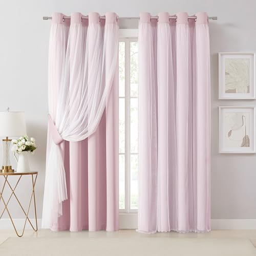 Image of Bujasso Pink Blackout Curtains with Sheer Overlay Mix and Match Double Layer 80% Room Darkening Window Treatment Set for Girls Bedroom Living Room Pink Drapes with Tiebacks Grommet Top 54 inch Wx95 Lx2
