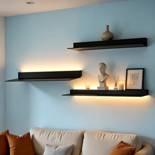 Genérico 1 Estante De Pared De Metal Flotante, con Luz LED Iluminada Incorporada Estanteria Pareds，baldas Pared para Estante Flotante Lineal DIY Baño, Dormitorio, Sala Estar(Negro,80cm/31.5in)