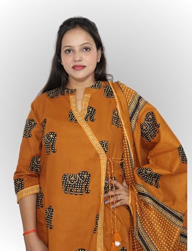 Image of Vedickulture Traditional Elephant Print Angrakha Kurta Set with Pants, Mustard Orange, Cotton, 3 /4 Sleeve