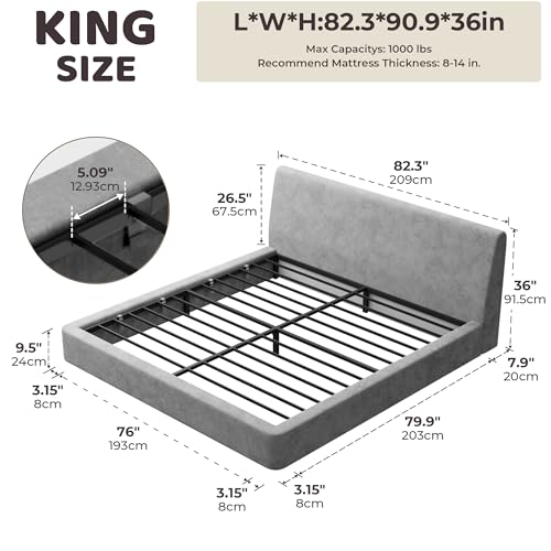 Image of RECCI AirFrame King Size Bed Frame with Ergonomic Angled Foam Cushioned Headboard, Minimalist Design Platform Bed Frame, No Box Spring Needed, Easy Assembly (Moon Grey)