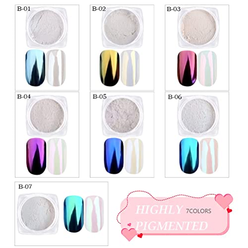 7 Colors Chrome Nail Powder, Valentines Day Gifts, Nail Chrome Bulk,White Pearl Iridescent Aurora Metallic Mirror Effect Dip Nail Powder Kit, Gel Polish Holographic Mermaid Pigment, Resin Craft