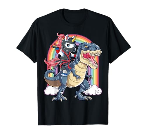 Ninja Unicorn Riding Dinosaur T Rex Funny Men Women Rainbow T-Shirt