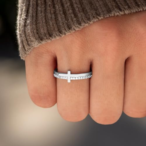 Nivorra Cross Ring for Women, Cubic Zirconia Purity Ring for Christian, Engrave Never Quit Dainty Religious Pray Ring, Confirmation and Baptism Gifts (Silver, 8) by Nivorra - Used condition - Image 3