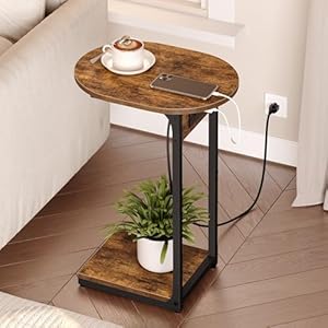 HOOBRO Side Table C Shaped End Table with Charging Station, Round Couch Side Table, Slide Under Sofa Table with Metal Frame for Small Spaces, Living Room and Bedroom, Rustic Brown and Black BF18USF01