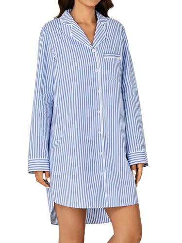 Rooscier Women's Cotton Striped Nightgown Collar V Neck Long Sleeve Sleep Shirts Nightdress Button Down Nightwear4