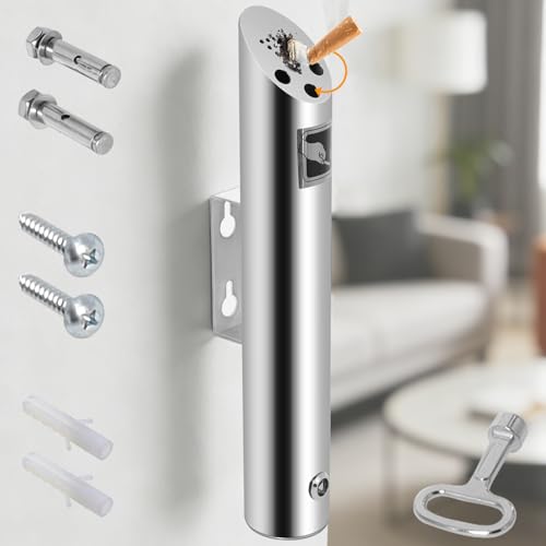 Aschenbecher Außenwand aus Edelstahl, Runde Aschenbecher Wand für Restaurants Hotels und Pub Club mit Schloss von Poweka, 30x6.2cm (Silber)