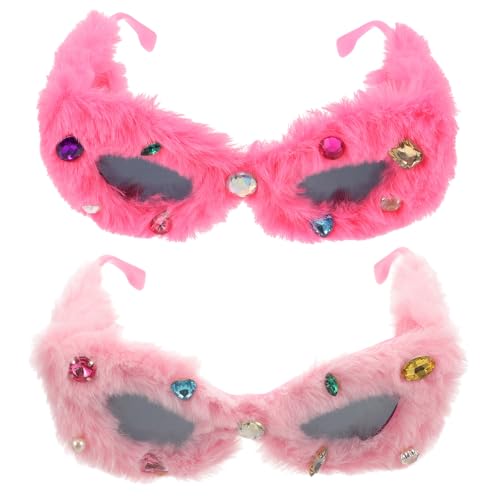 [YTFLRQCBZ] 2pcs Women Plush Fuzzy Sunglasses with Gems (Pink) - Masquerade Party Punk Soft Velvet Shades Eyewear for Birthday W