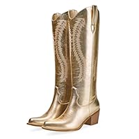 RKQ Women's Gold Metallic Knee High Cowboy Boots Sparkle Embroidered Western Wide Calf Tall Cowgirl Boots with Pull on Tabs Pointed Toe Stacked Chunky Heel for Party Wedding Casual 11