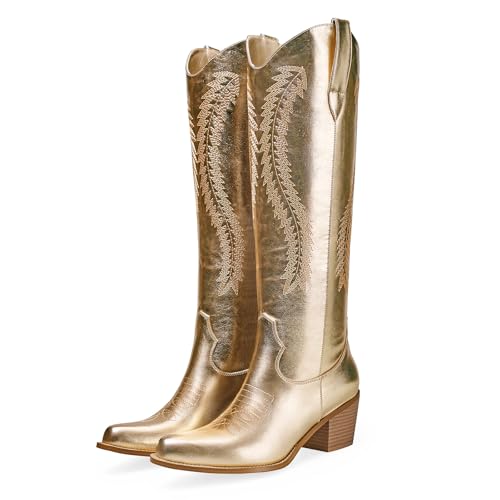 RKQ Women's Gold Metallic Knee High Cowboy Boots Sparkle Embroidered Western Wide Calf Tall Cowgirl Boots with Pull on Tabs Pointed Toe Stacked Chunky Heel for Party Wedding Casual 11