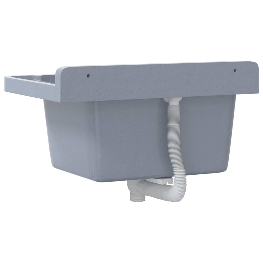 Fregadero de pared gris 50 x 35 x 24 cm resina 11 L de volumen con rebosadero, fregadero para cocina y jardín, empotrable con escurridor para interior y exterior