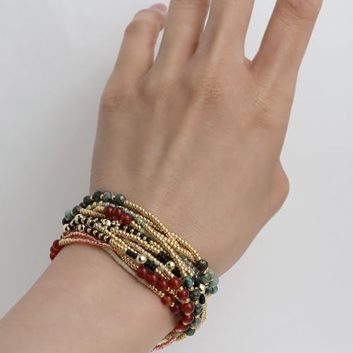 Gold Beaded Gemstone Stackable Stretch Bracelets for Women, Dainty Boho Handmade Natural Stone Seed Bead Ball Layered Bracelet Summer Beach Jewelry Gift3