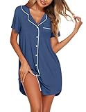 Ekouaer Nightgowns for Women Button Down Sleepshirts Short Sleeve Nightshirt V Neck Boyfriend Sleepdress Soft pajamas, Blue, XXL